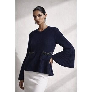 Vera‎ Wang Wool Blend Beaded Pocket Ribbed Peplum Sweater Navy Blue Medium